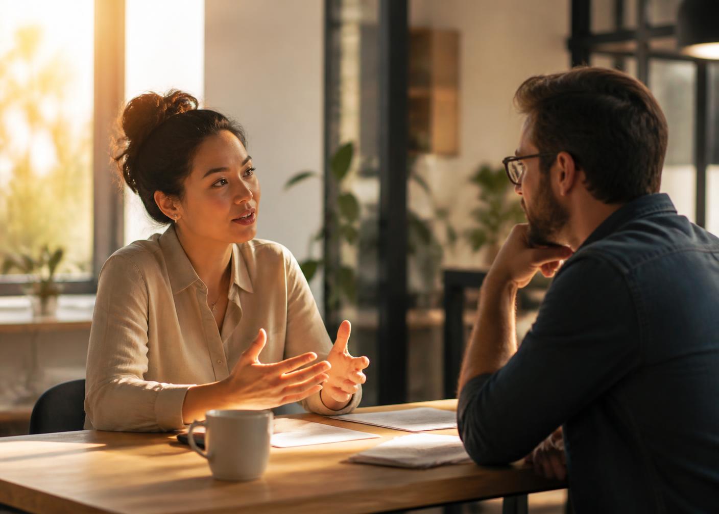 Two colleagues in conversation at a table in warm morning light